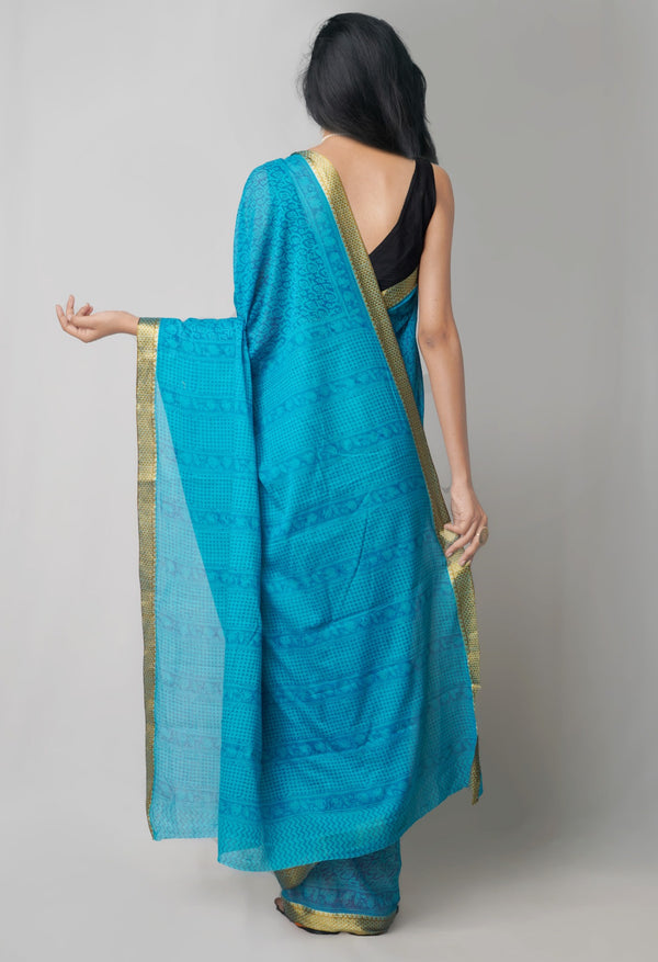 Online Shopping for Sky Blue  Mulmul Cotton Saree with Hand Block Prints from Rajasthan at Unnatisilks.com India
