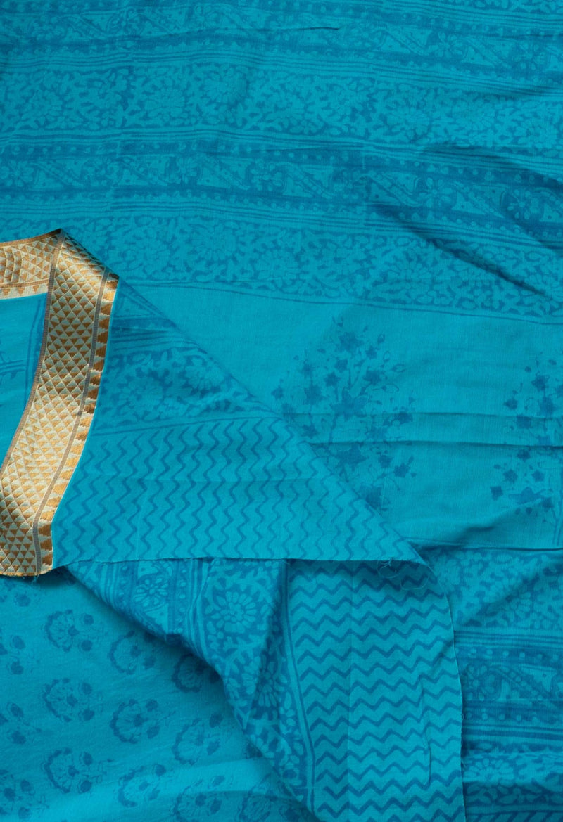 Online Shopping for Sky Blue  Mulmul Cotton Saree with Hand Block Prints from Rajasthan at Unnatisilks.com India
