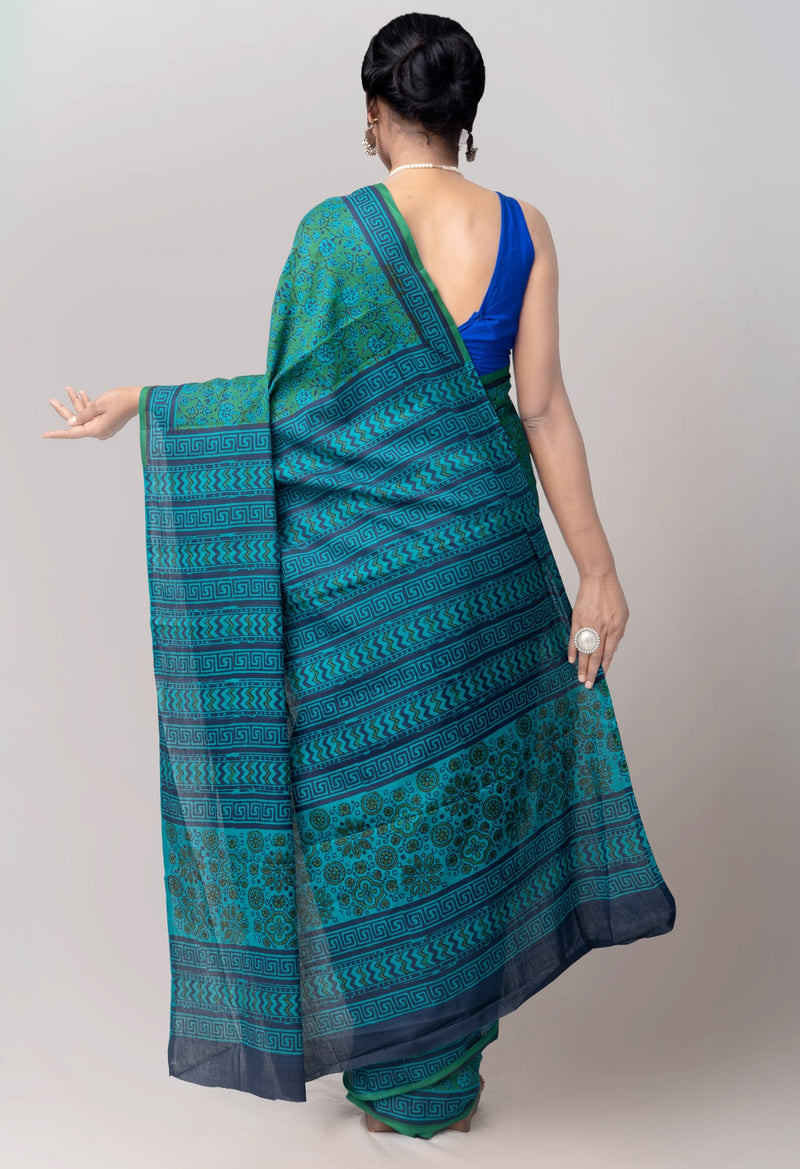 Online Shopping for Green Pure Mulmul Cotton Saree with Hand Block Prints from Rajasthan at Unnatisilks.com India
