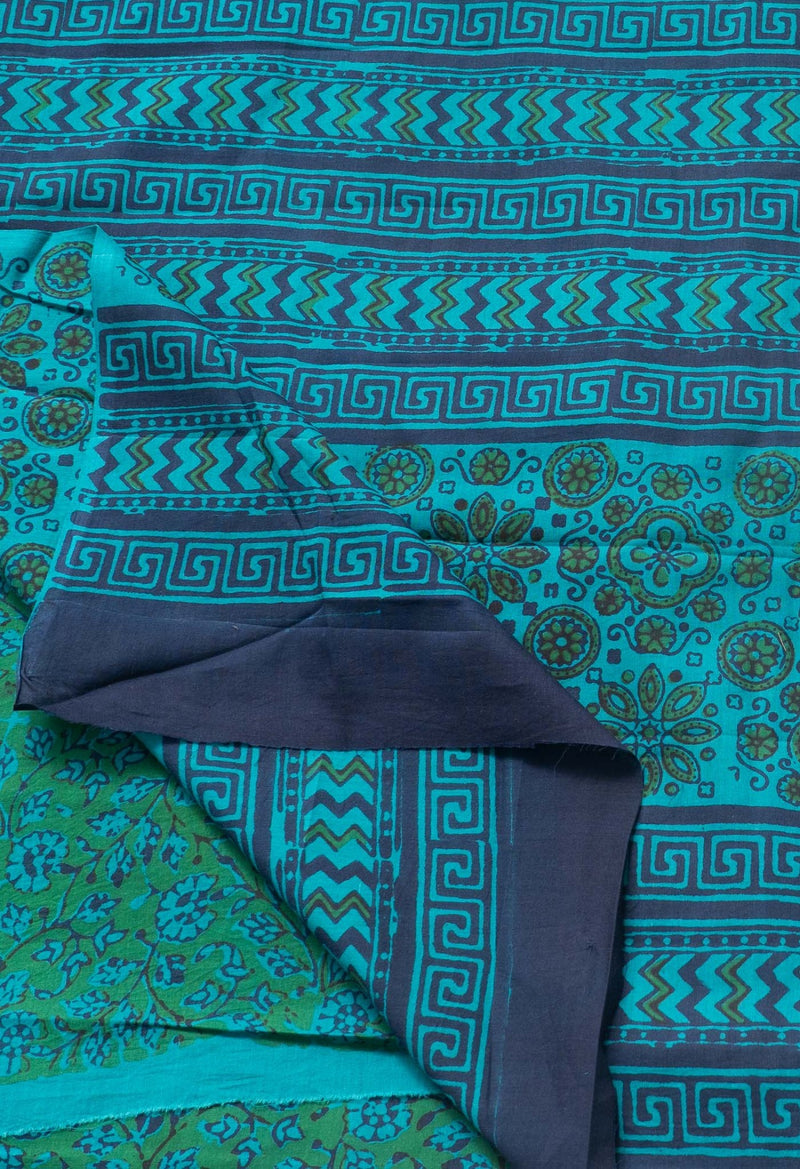 Online Shopping for Green Pure Mulmul Cotton Saree with Hand Block Prints from Rajasthan at Unnatisilks.com India
