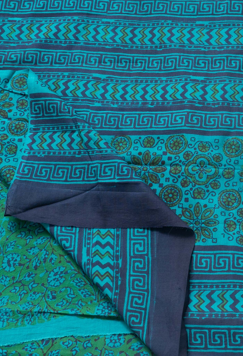 Online Shopping for Green Pure Mulmul Cotton Saree with Hand Block Prints from Rajasthan at Unnatisilks.com India
