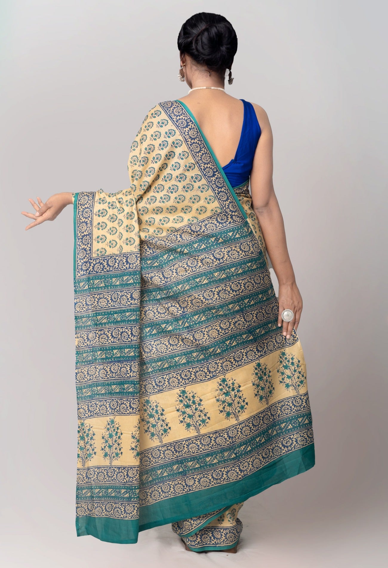 Online Shopping for Cream Pure Mulmul Cotton Saree with Hand Block Prints from Rajasthan at Unnatisilks.com India
