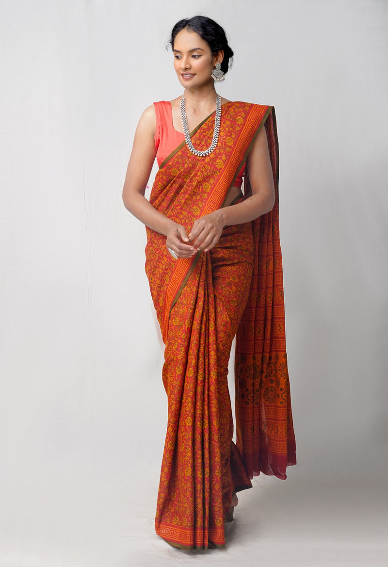 Red Pure Mulmul Cotton Saree-UNM62156