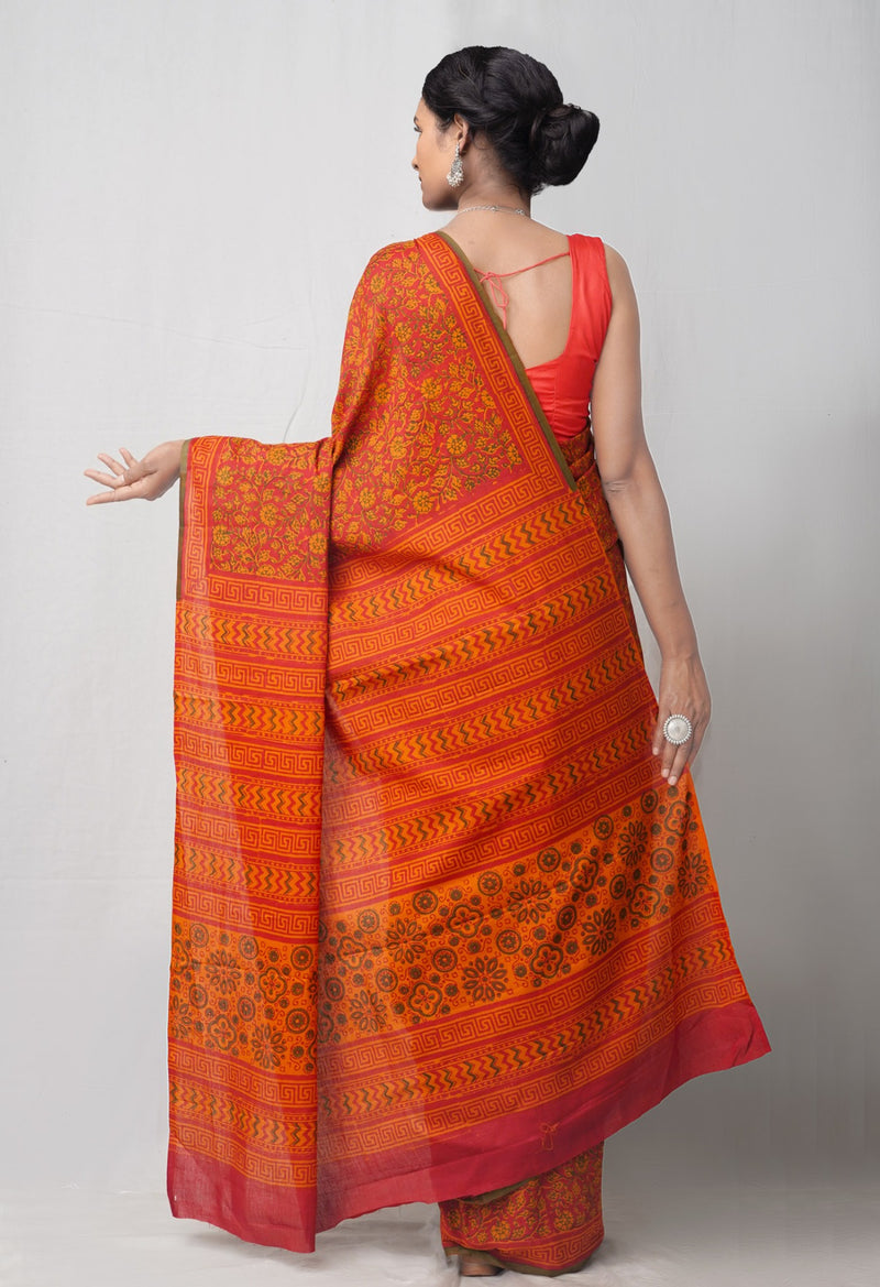 Online Shopping for Red Pure Mulmul Cotton Saree with Hand Block Prints from Rajasthan at Unnatisilks.comIndia
