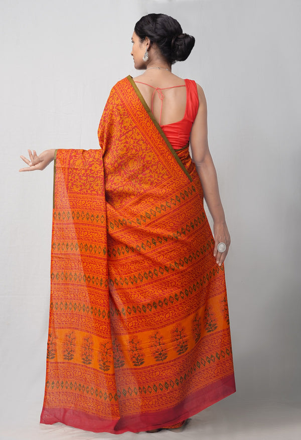 Online Shopping for Red Pure Mulmul Cotton Saree with Hand Block Prints from Rajasthan at Unnatisilks.com India
