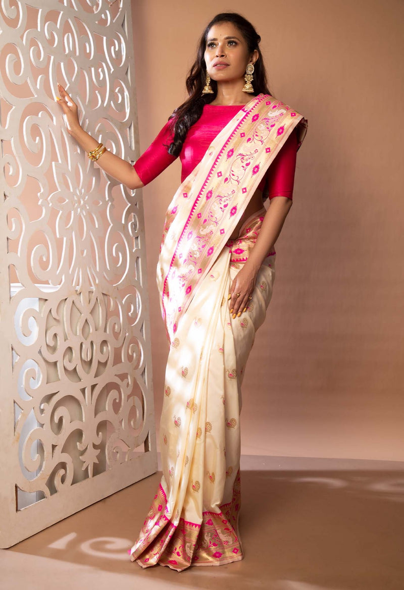 Online Shopping for Cream  Banarasi Silk Saree with Banarasi /Brocade from Uttar Pradesh at Unnatisilks.com India