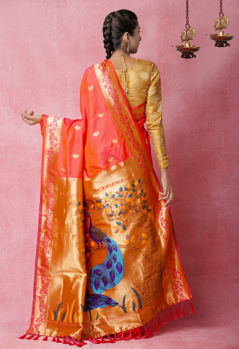Online Shopping for Orange  Banarasi Silk Saree with Banarasi /Brocade from Uttar Pradesh at Unnatisilks.com India

