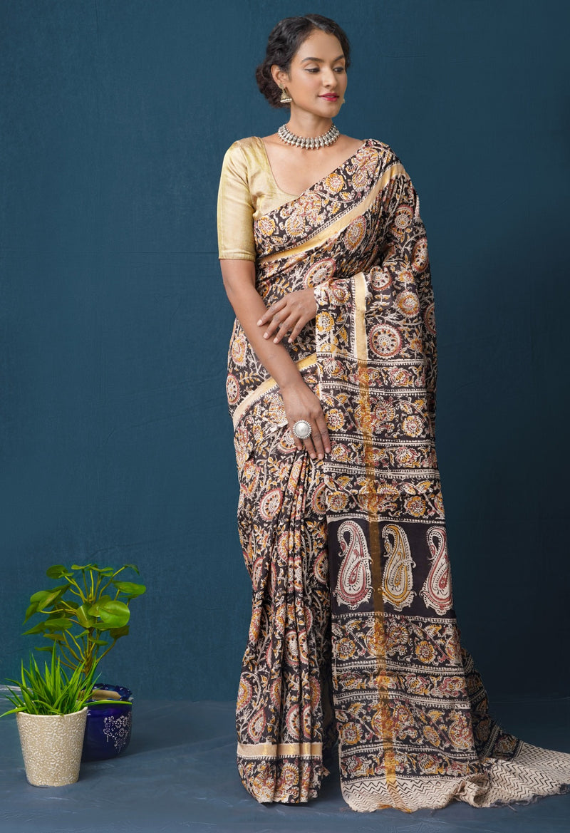 Multi Pure  Kalamkari Block printed Silk Saree
