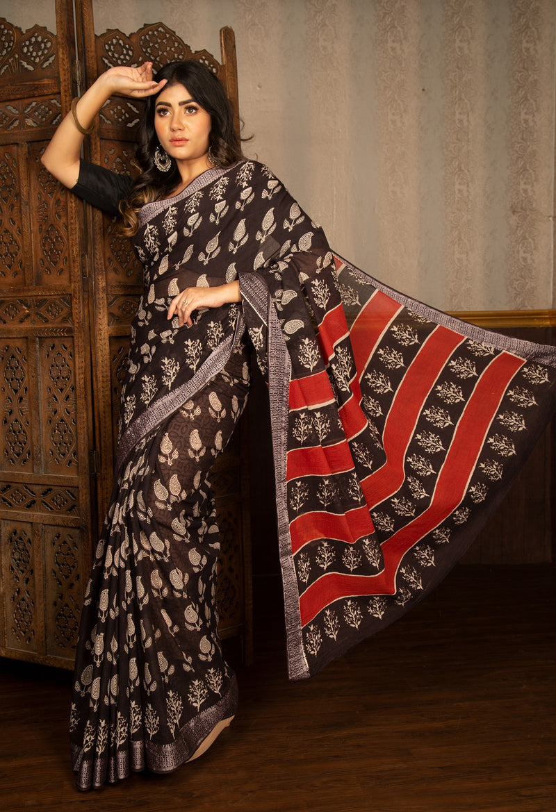 Black Pure Bagru Mulmul Cotton Saree-UNM62247
