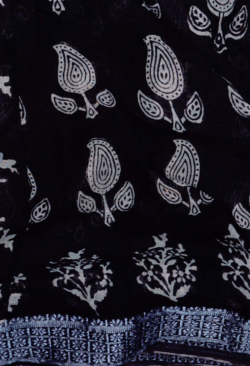 Online Shopping for Black Pure Bagru Mulmul Cotton Saree with Hand Block Prints from Andhra Pradesh at Unnatisilks.com India
