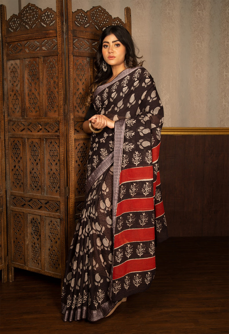 Online Shopping for Black Pure Bagru Mulmul Cotton Saree with Hand Block Prints from Andhra Pradesh at Unnatisilks.com India