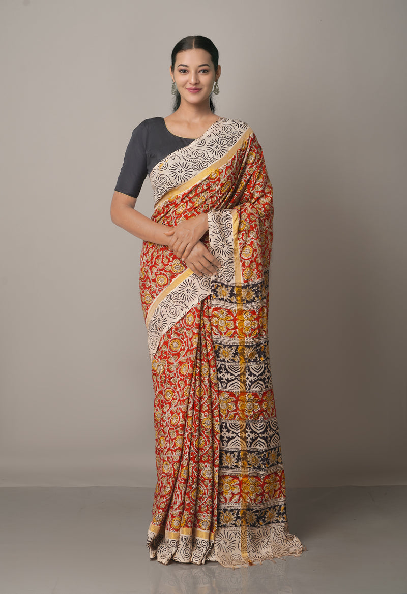 Red Pure  Kalamkari Block printed Silk Saree-UNM62258