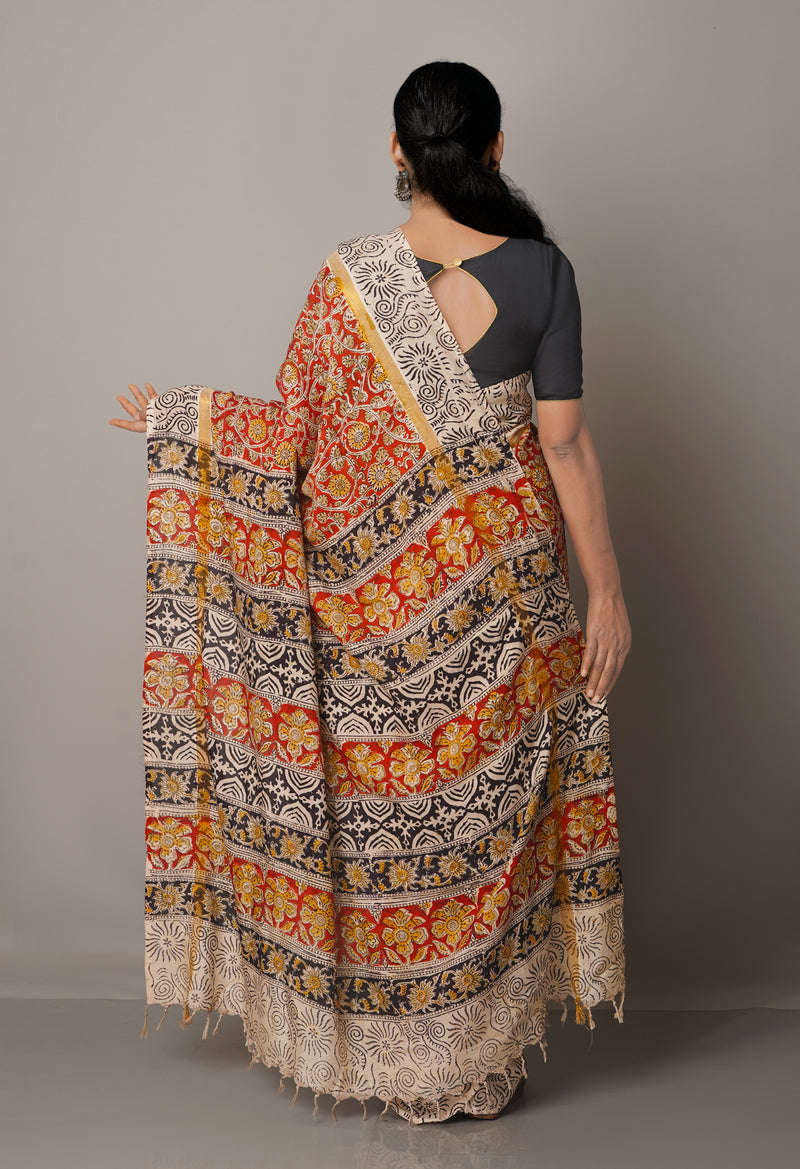Red Pure  Kalamkari Block printed Silk Saree-UNM62258