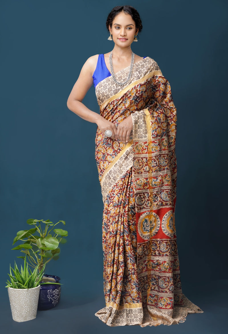 Online Shopping for Pure  Kalamkari Block printed Silk Saree with Hand Block Prints from Andhra Pradesh at Unnatisilks.com India
