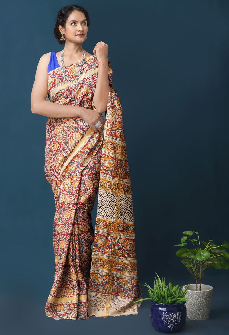 Multi Pure  Kalamkari Block printed Silk Saree