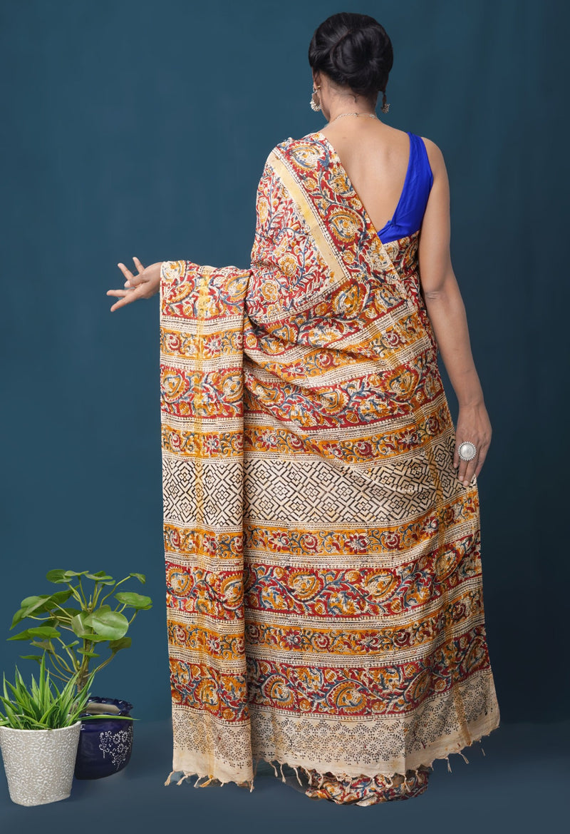 Online Shopping for Pure  Kalamkari Block printed Silk Saree with Hand Block Prints from Andhra Pradesh at Unnatisilks.com India
