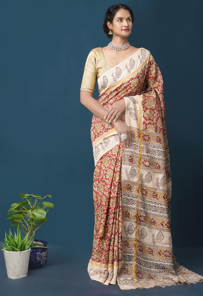 Multi Pure  Kalamkari Block printed Silk Saree