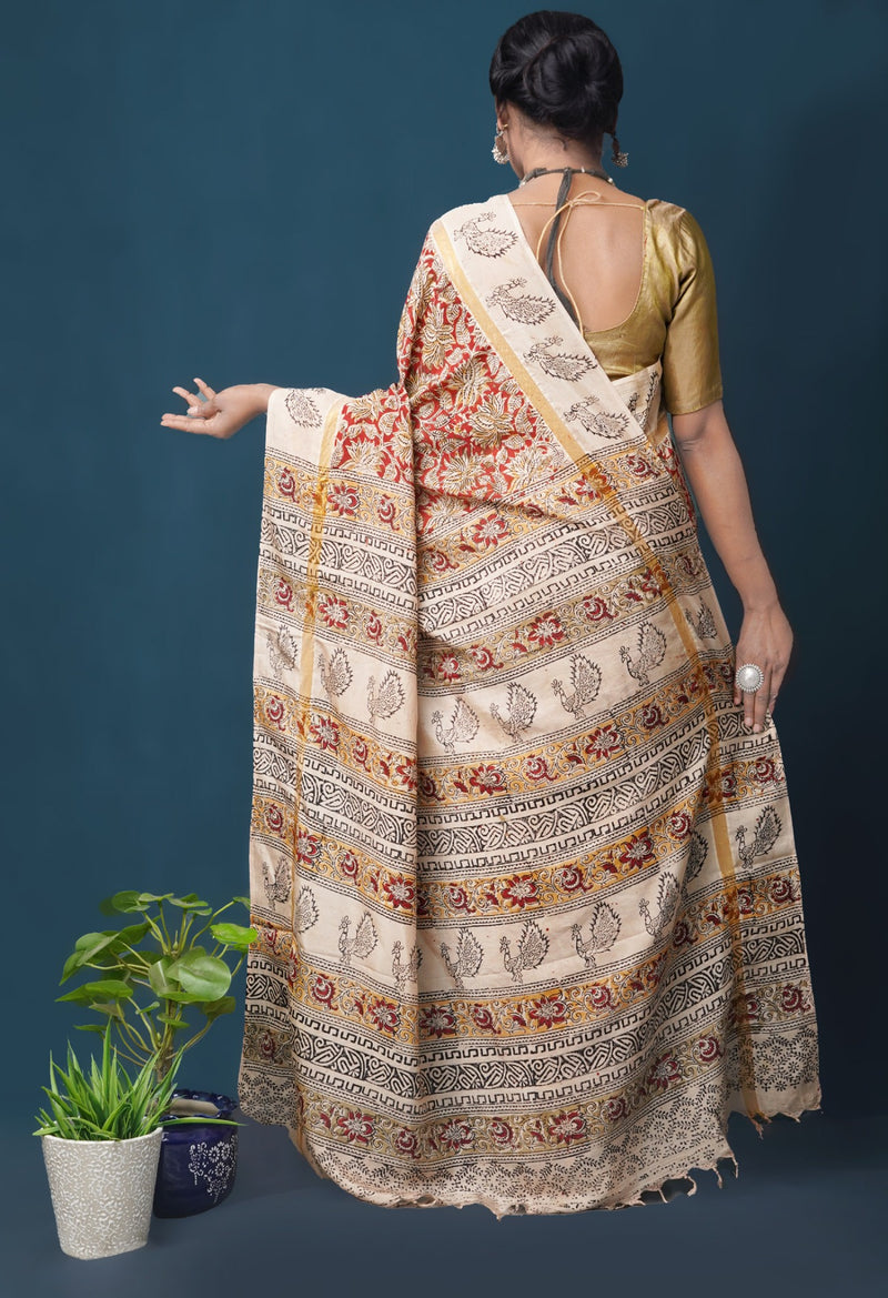 Online Shopping for Pure  Kalamkari Block printed Silk Saree with Hand Block Prints from Andhra Pradesh at Unnatisilks.com India
