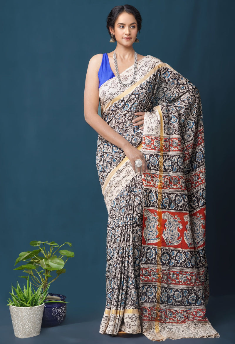 Online Shopping for Pure  Kalamkari Block printed Silk Saree with Hand Block Prints from Andhra Pradesh at Unnatisilks.com India
