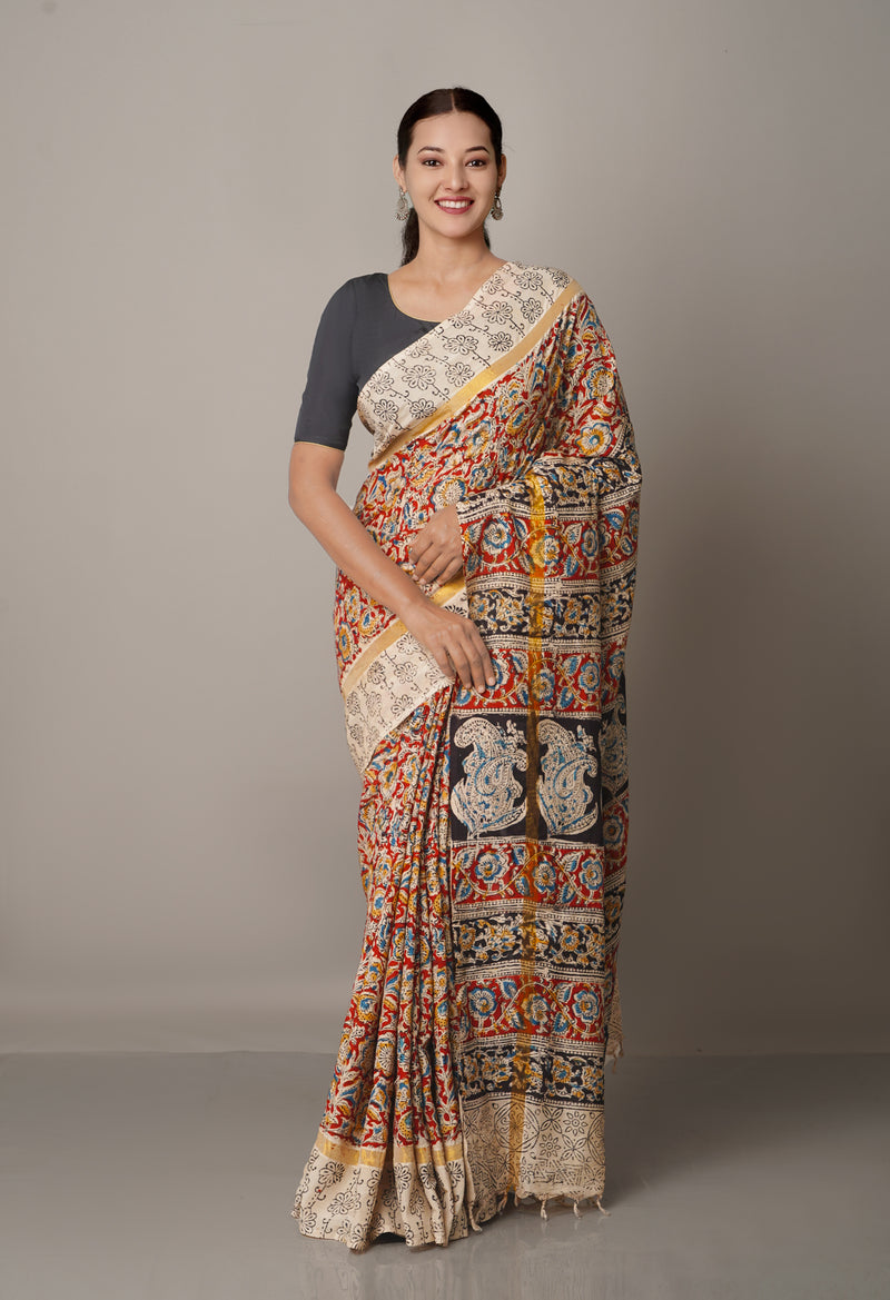 Multi Pure  Kalamkari Block printed Silk Saree-UNM62273