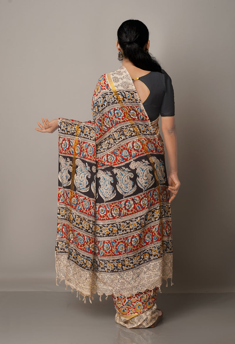 Multi Pure  Kalamkari Block printed Silk Saree-UNM62273