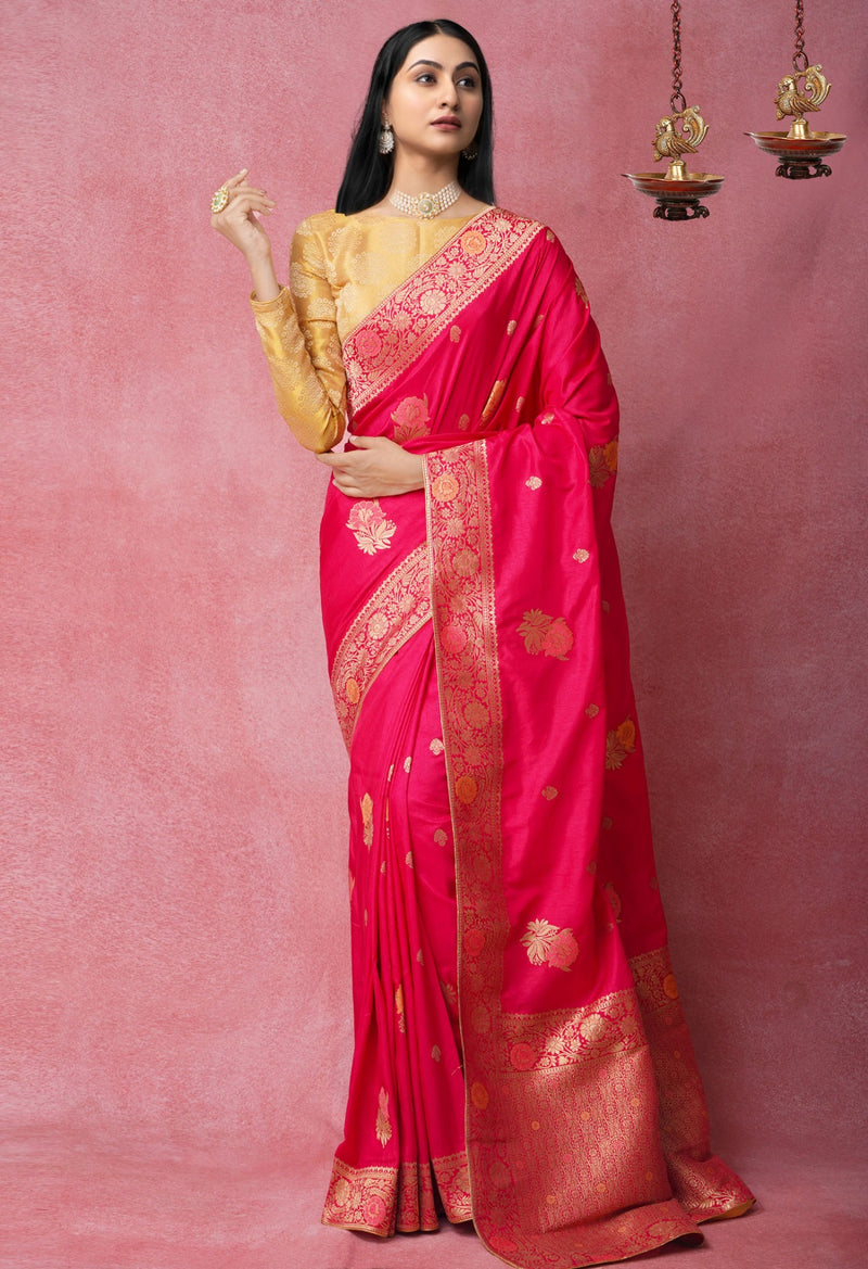 Online Shopping for Pink  Banarasi Silk Saree with Weaving from Uttar Pradesh at Unnatisilks.com India
