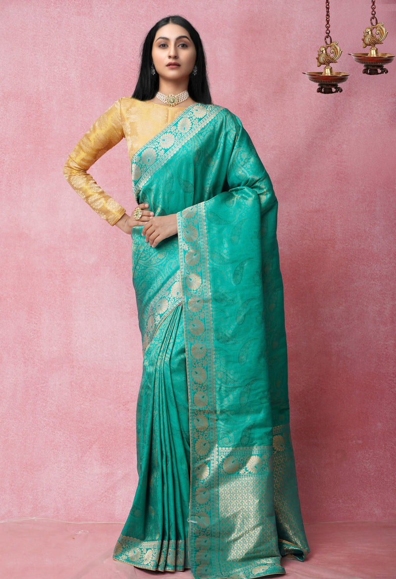 Online Shopping for Green  Banarasi Silk Saree with Weaving from Uttar Pradesh at Unnatisilks.com India
