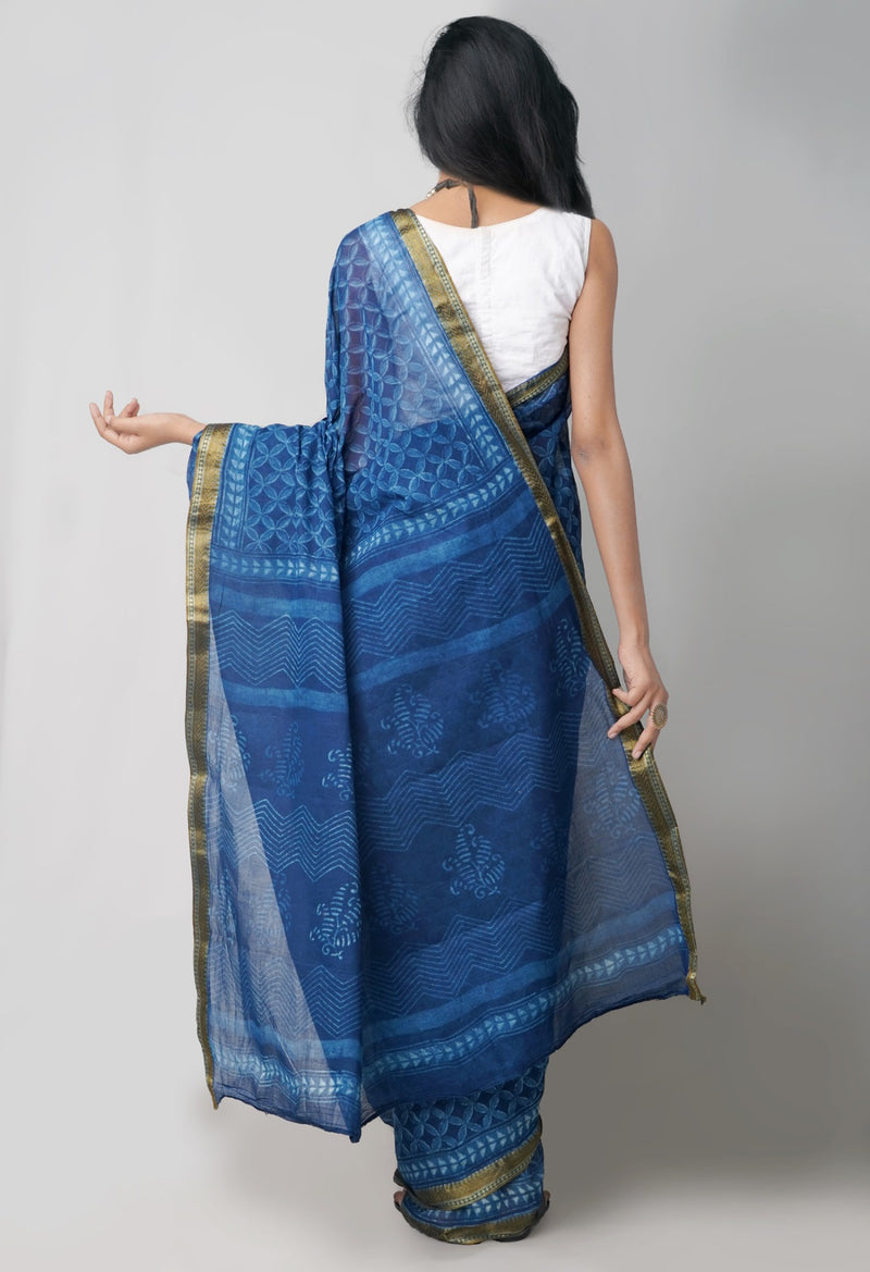 Online Shopping for Indigo Blue Pure Preet Dabu Mulmul Cotton Saree with Dabu from Rajasthan at Unnatisilks.com India
