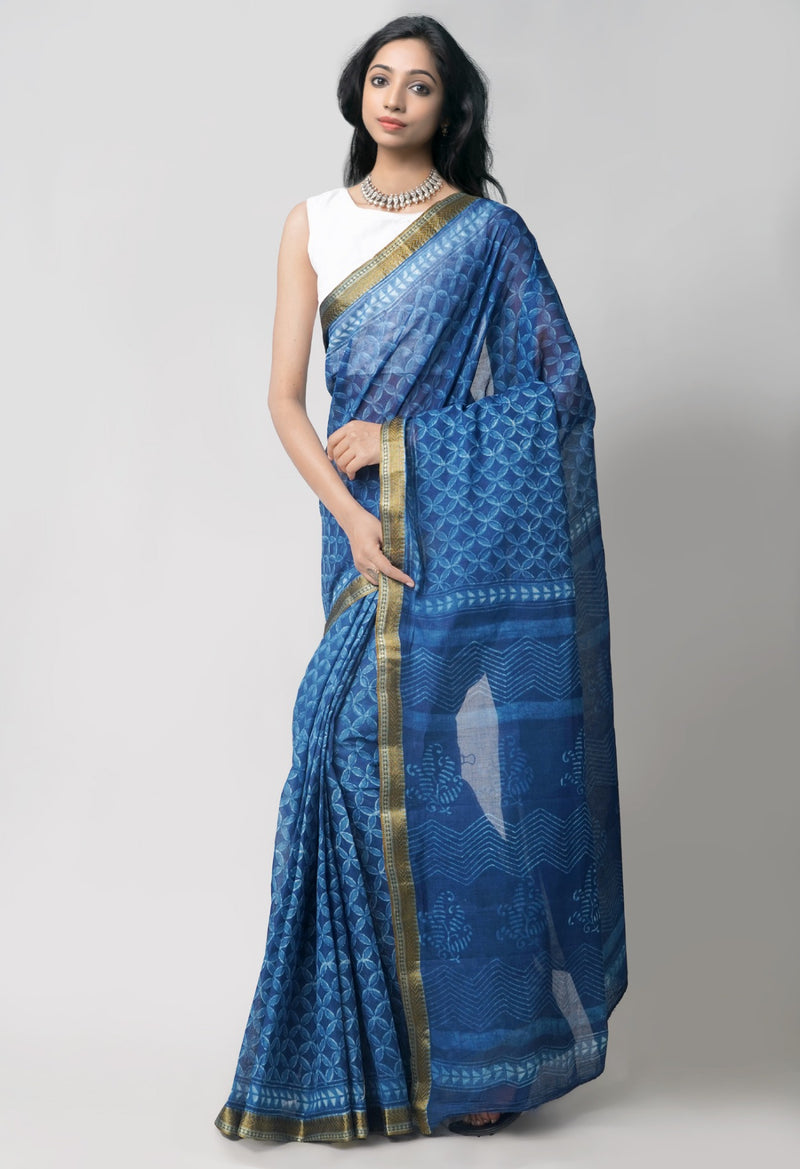Online Shopping for Indigo Blue Pure Preet Dabu Mulmul Cotton Saree with Dabu from Rajasthan at Unnatisilks.com India

