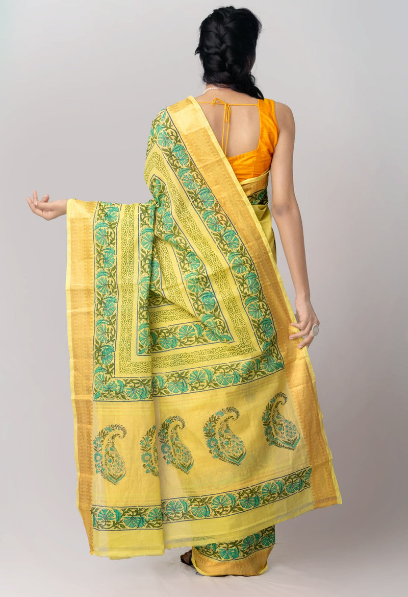 Online Shopping for Yellow  Pure Handloom Mangalagiri Block Print Cotton Saree with Hand Block Prints from Andhra Pradesh at Unnatisilks.com India
