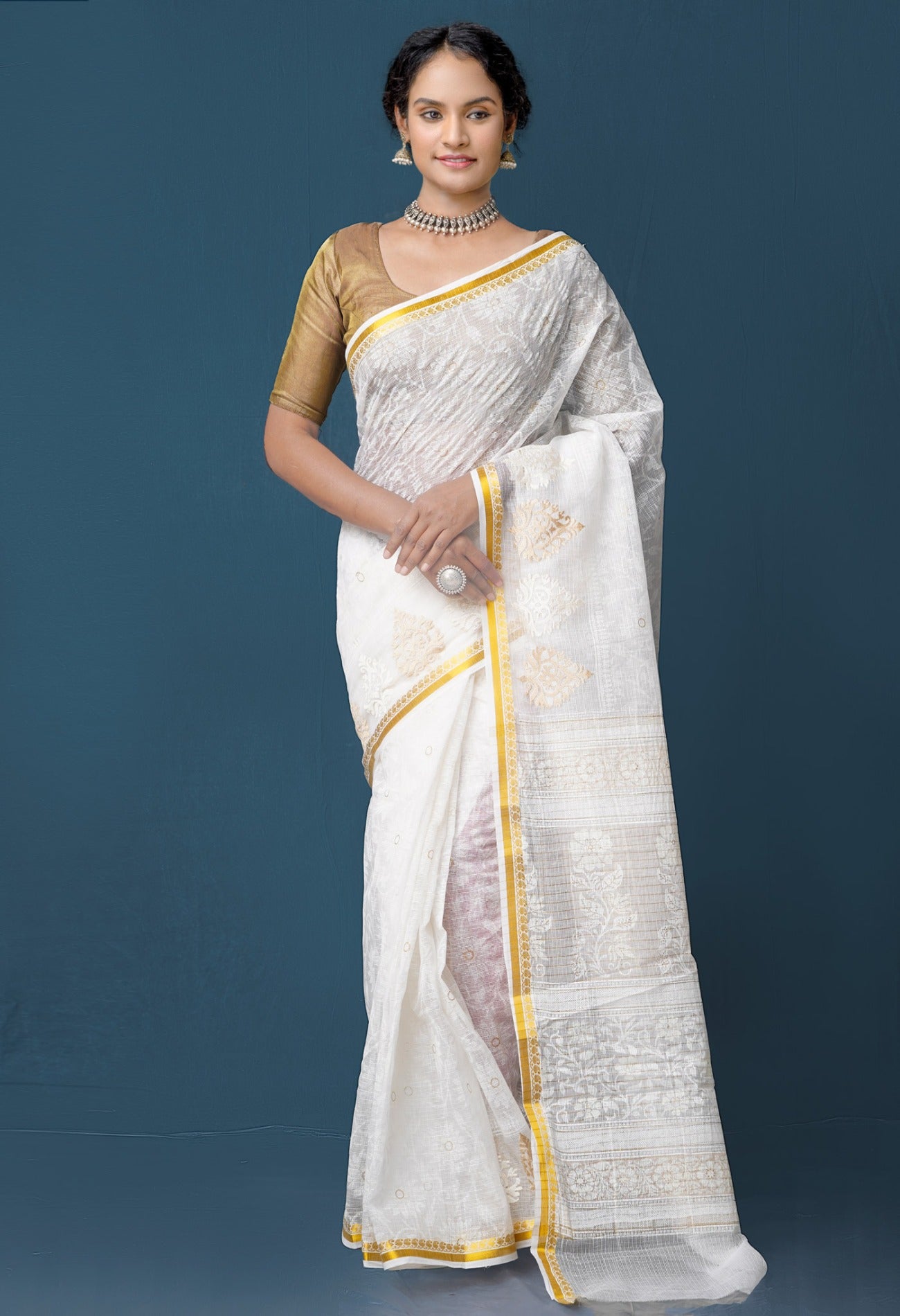 Online Shopping for Ivory Pure Banarasi Kota With Gold Embose Print and Embroidery Cotton Saree with Embroidery from Uttar Pradesh at Unnatisilks.com India
