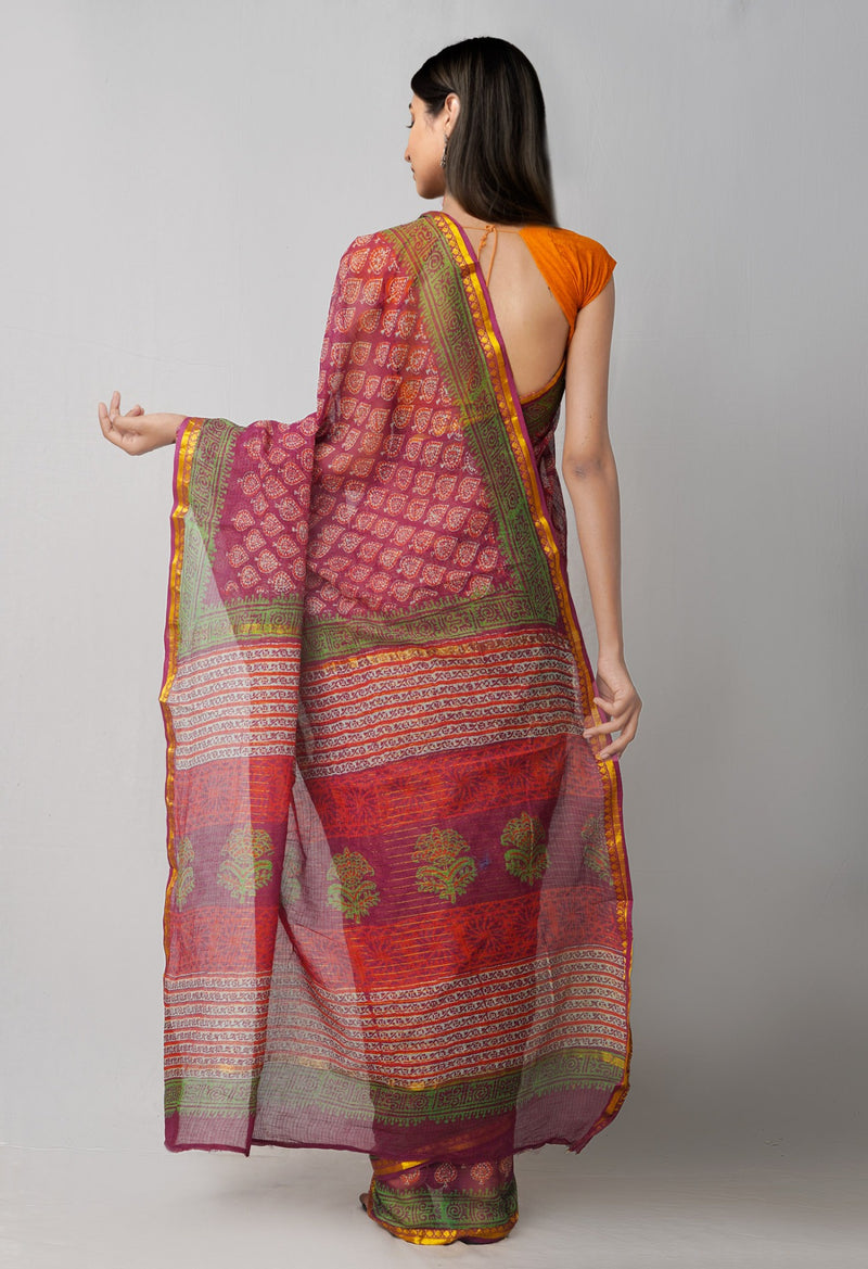 Online Shopping for Purple Pure Kota Cotton Saree with Hand Block Prints from Rajasthan at Unnatisilks.com India
