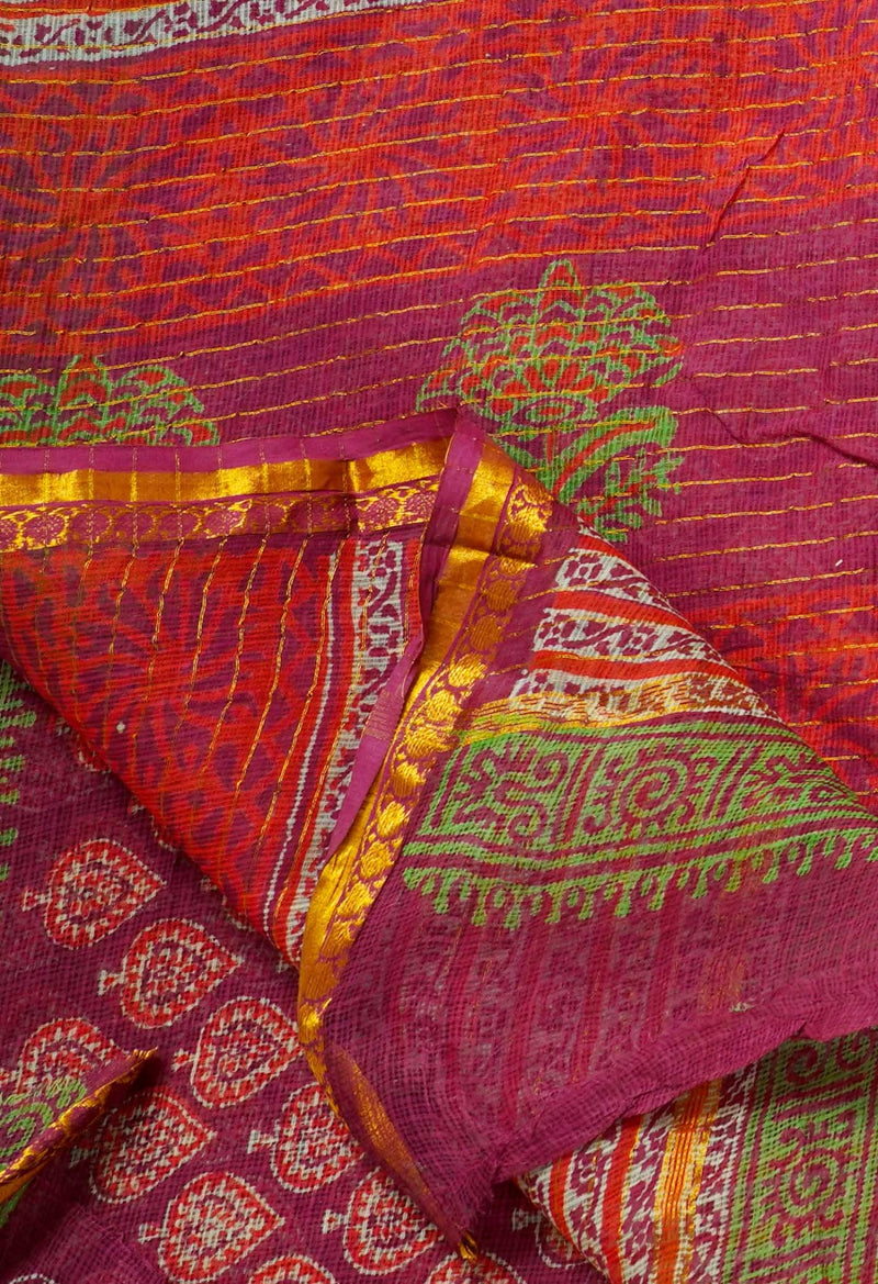 Online Shopping for Purple Pure Kota Cotton Saree with Hand Block Prints from Rajasthan at Unnatisilks.com India
