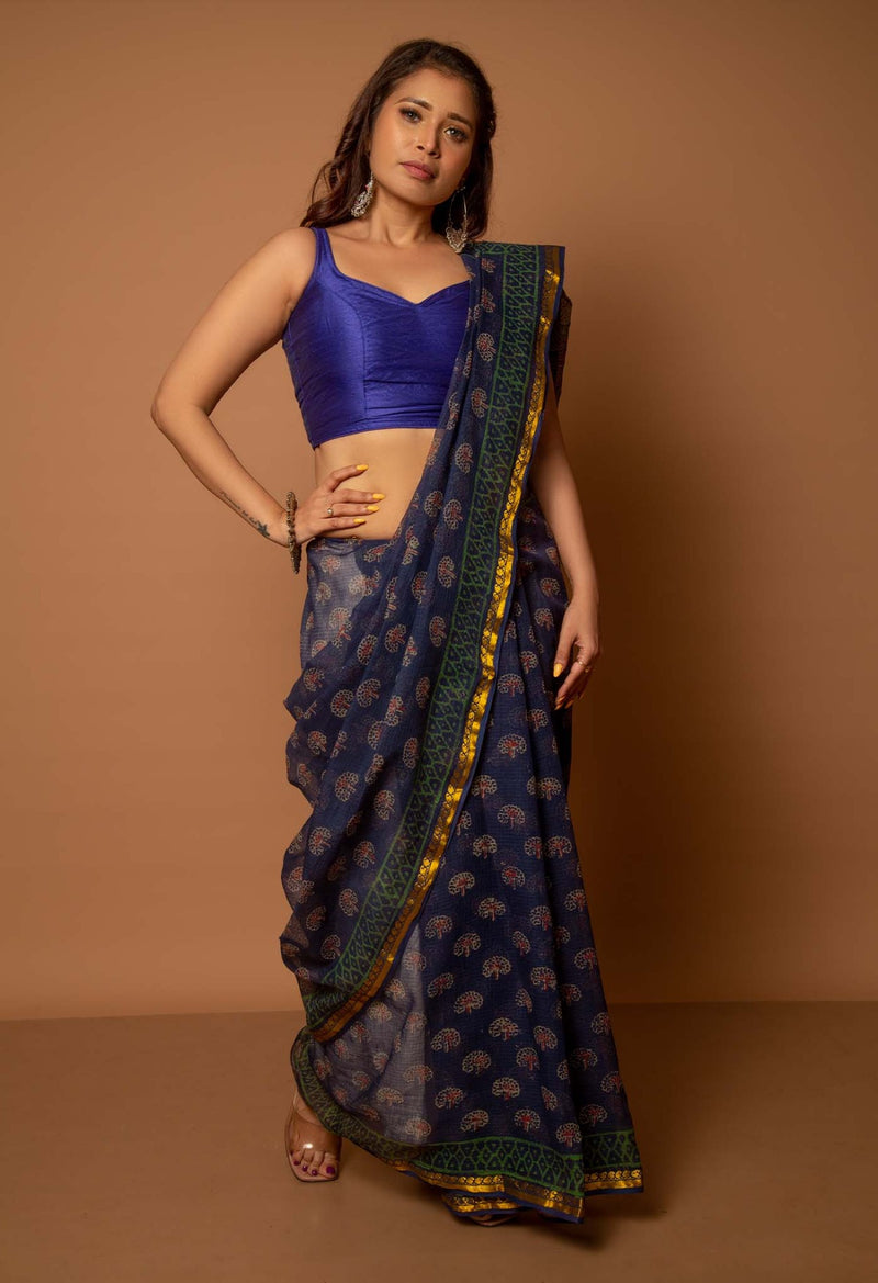 Online Shopping for Indigo Pure Kota Cotton Saree with Hand Block Prints from Andhra Pradesh at Unnatisilks.com India