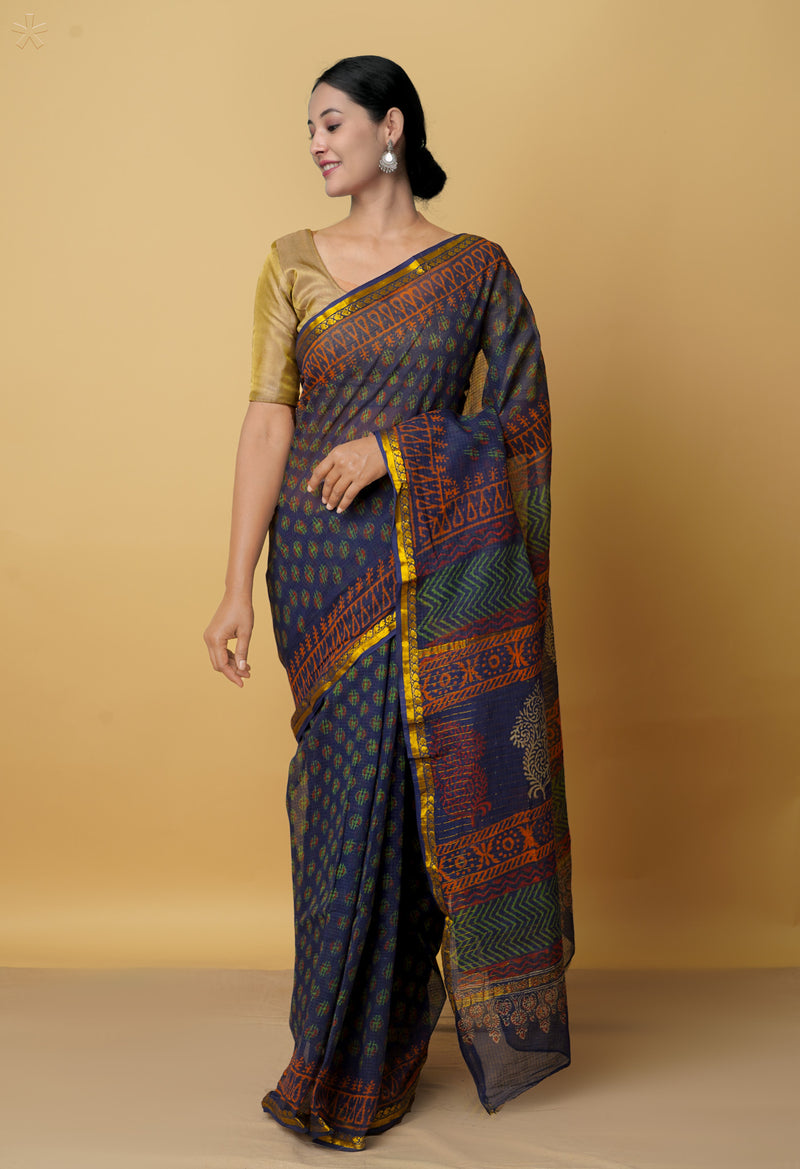 Indigo Pure Kota Cotton Saree-UNM62381