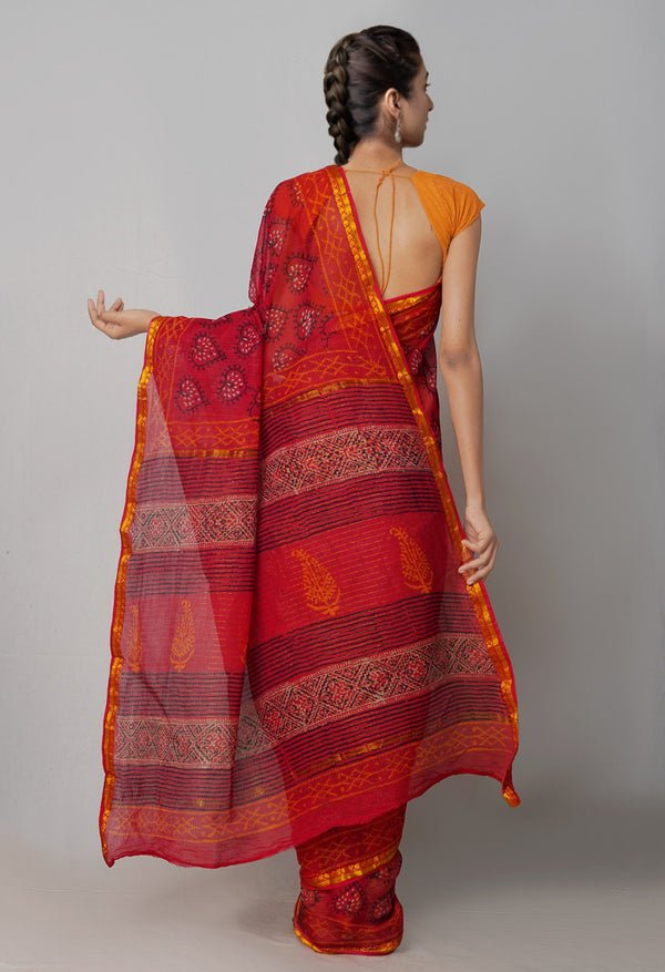 Online Shopping for Red Pure Kota Cotton Saree with Hand Block Prints from Andhra Pradesh at Unnatisilks.com India
