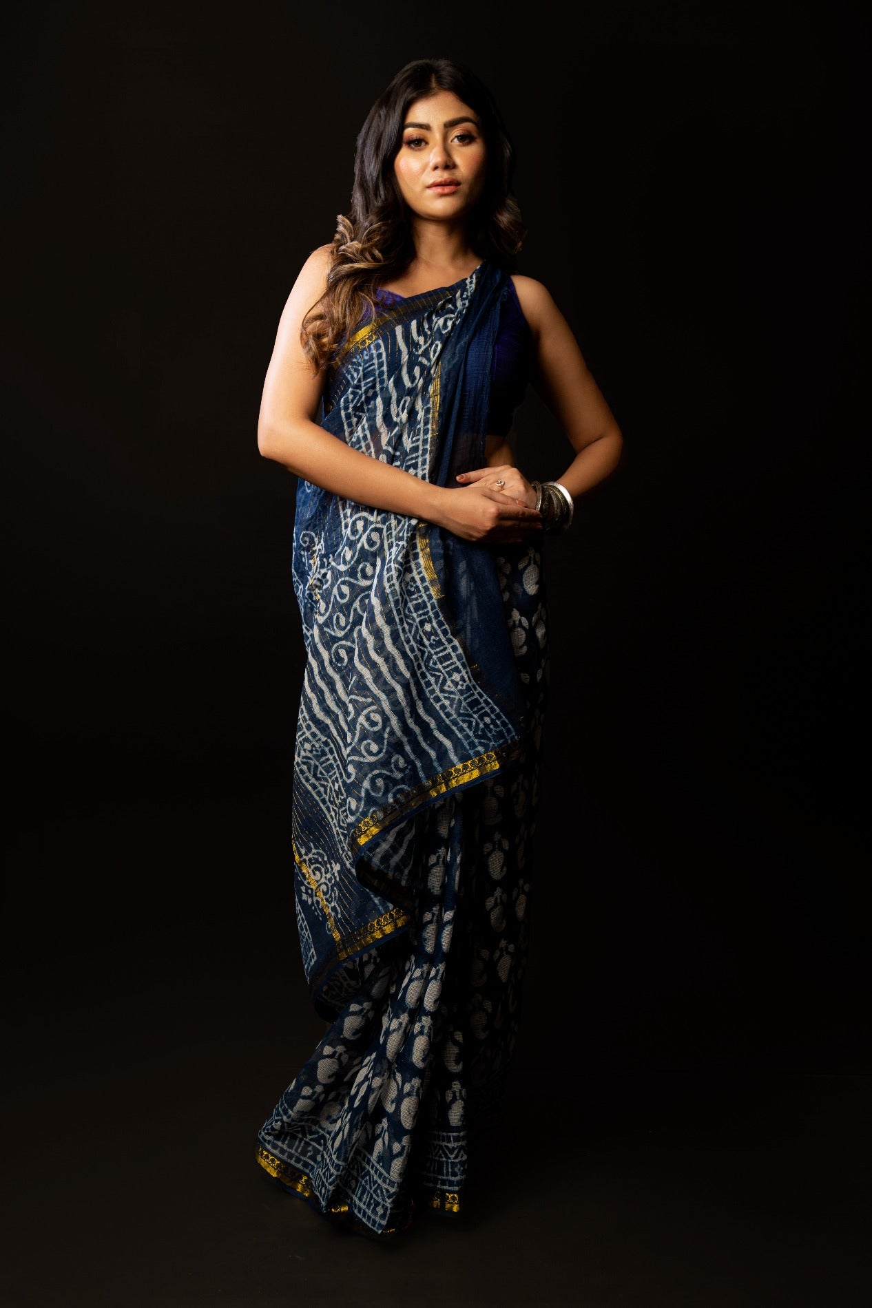Online Shopping for Indigo Pure Kota Cotton Saree with Hand Block Prints from Rajasthan at Unnatisilks.com India