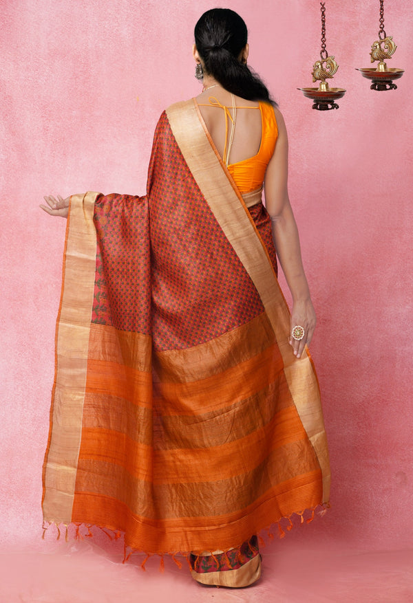 Online Shopping for Pink Pure Handloom Bengal Tussar  Silk Saree with Hand Block Prints from West Bengal at Unnatisilks.com India
