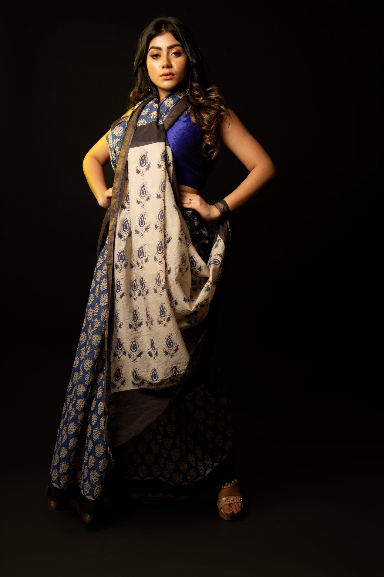 Online Shopping for Blue Pure Chanderi Sico Saree with Bagru from Rajasthan at Unnatisilks.com India
