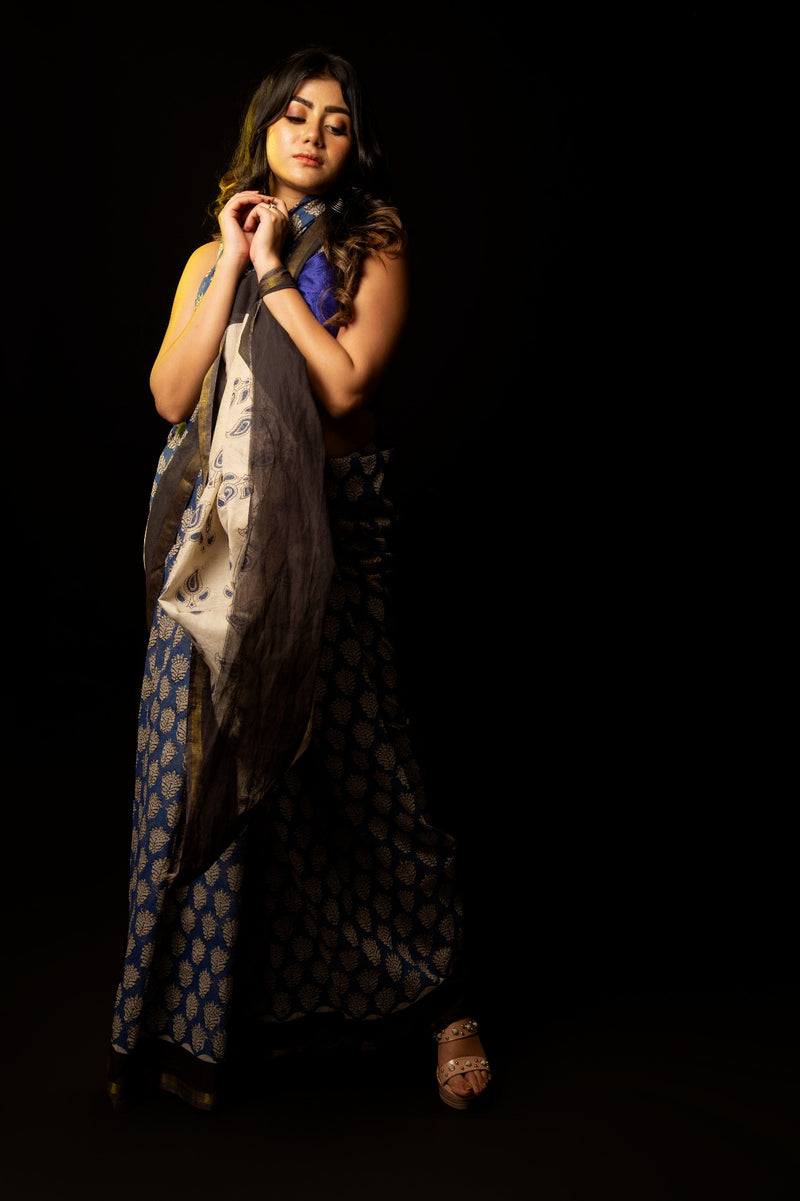 Online Shopping for Blue Pure Chanderi Sico Saree with Bagru from Rajasthan at Unnatisilks.com India