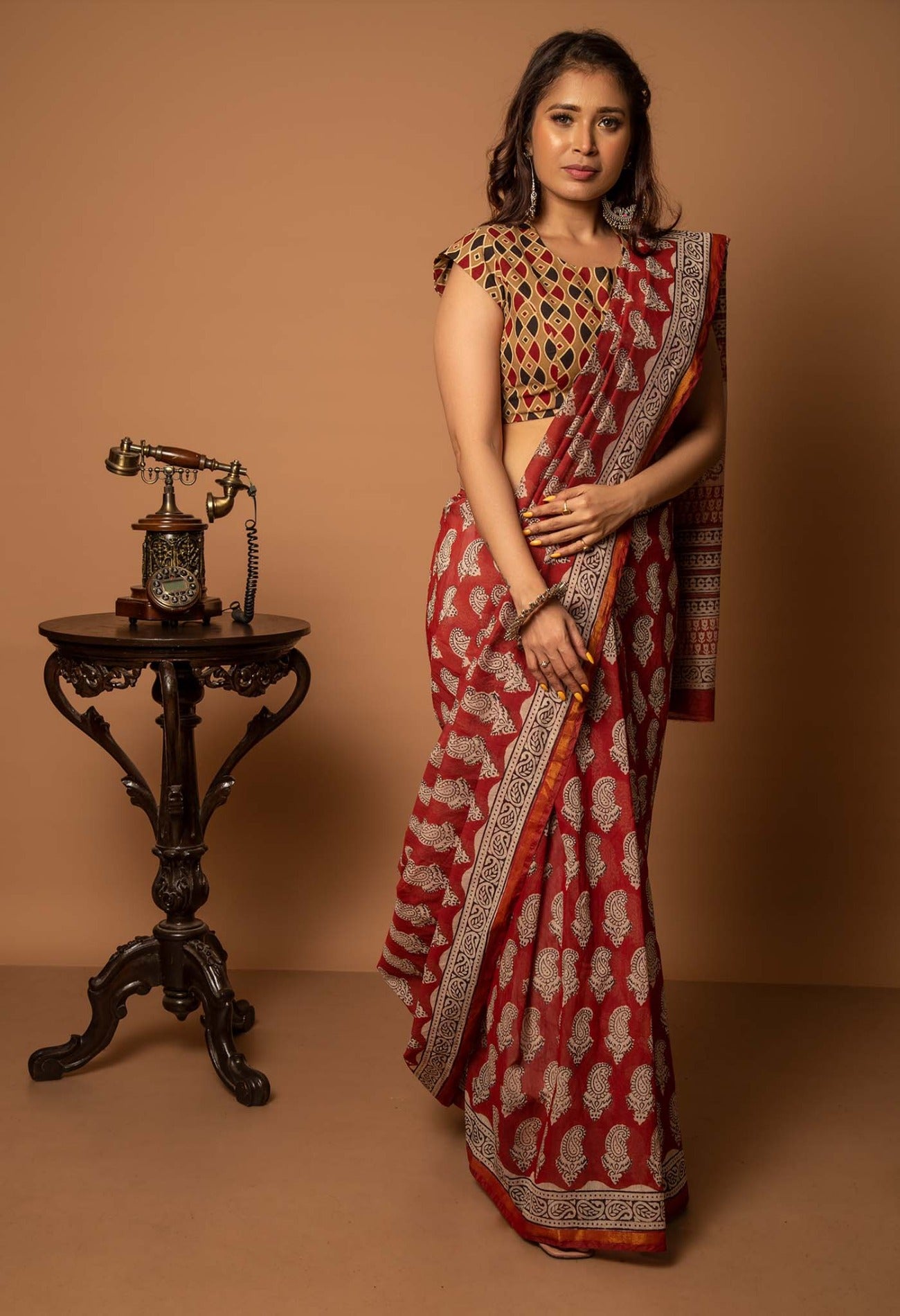 Online Shopping for Red Pure Chanderi Sico Saree with Bagru from Rajasthan at Unnatisilks.com India