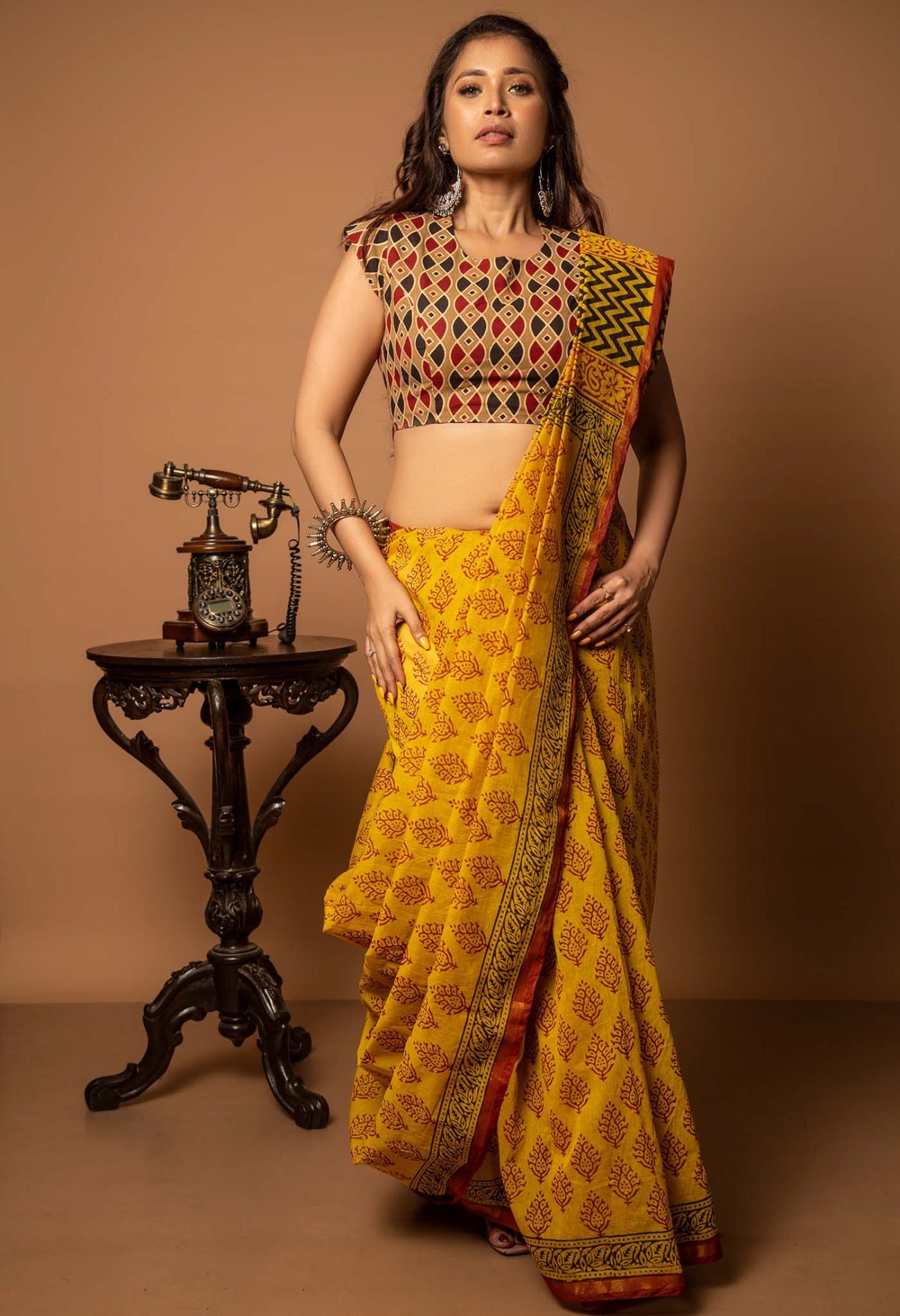 Online Shopping for Yellow Pure Chanderi Sico Saree with Bagru from Rajasthan at Unnatisilks.com India