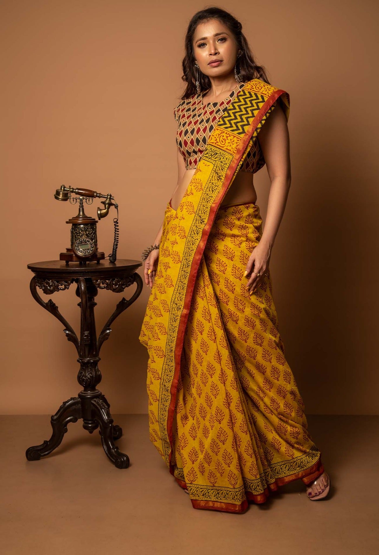 Online Shopping for Yellow Pure Chanderi Sico Saree with Bagru from Rajasthan at Unnatisilks.com India
