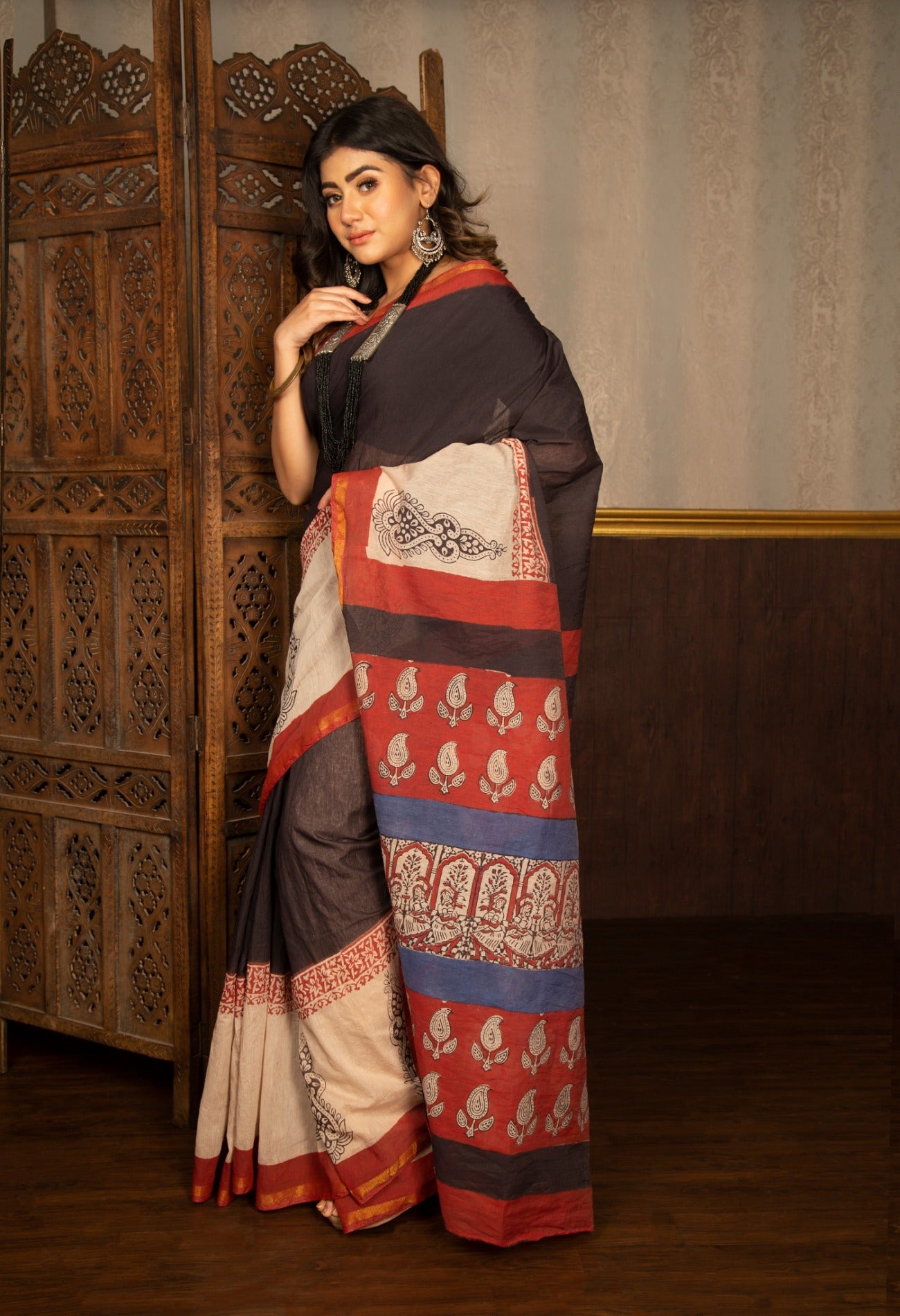 Online Shopping for Black-White Pure Chanderi Sico Saree with Ajrakh from Rajasthan at Unnatisilks.com India
