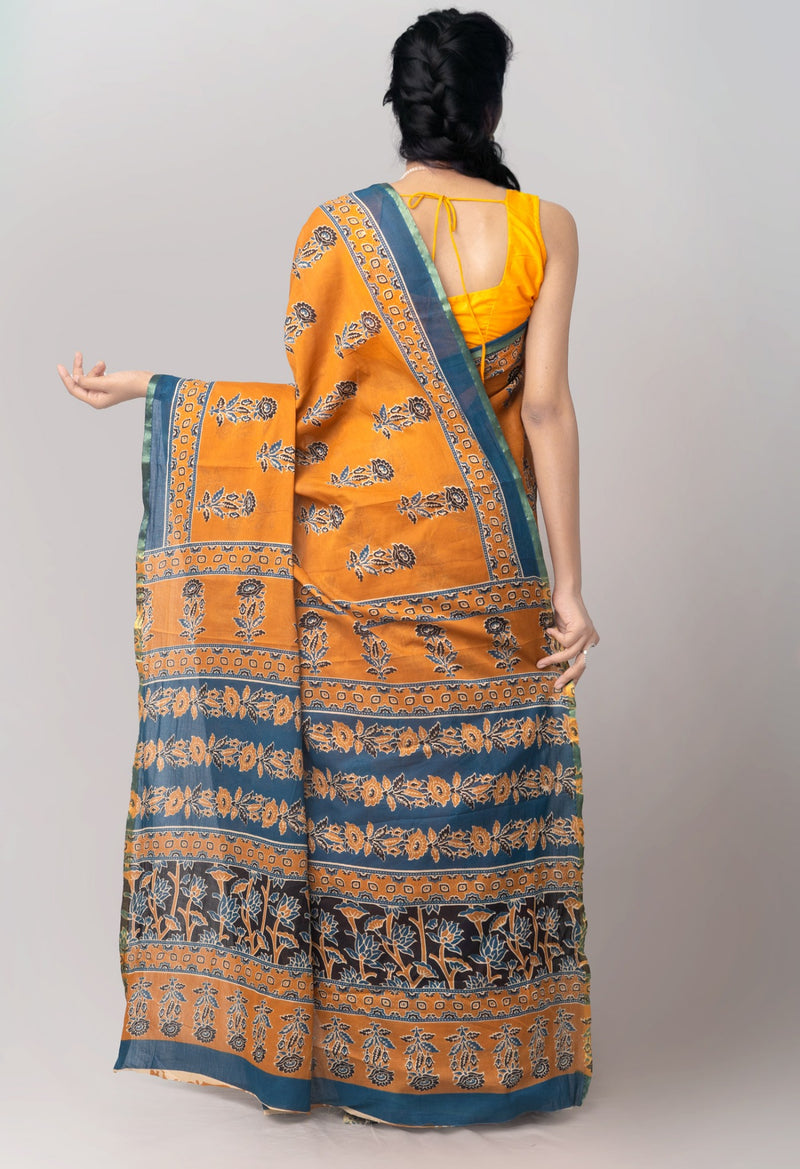 Online Shopping for Rust Orange Pure Mulmul Soft Cotton Saree with Ajrakh from Rajasthan at Unnatisilks.com India

