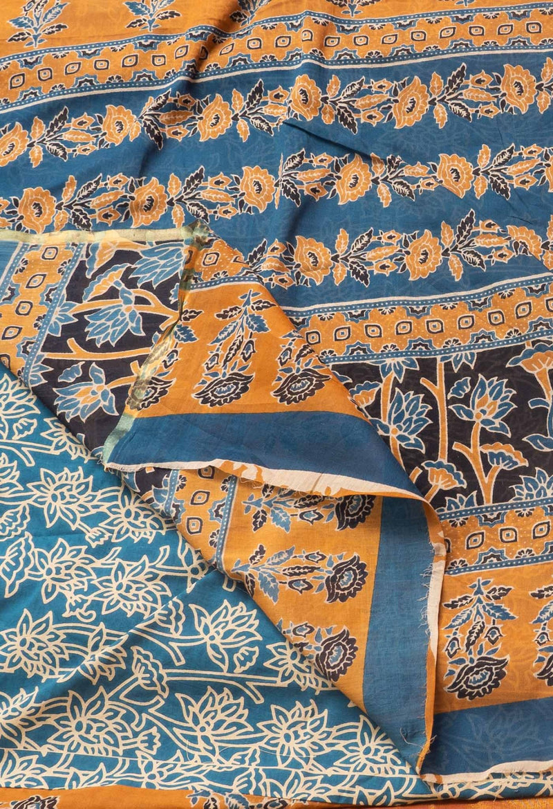Online Shopping for Rust Orange Pure Mulmul Soft Cotton Saree with Ajrakh from Rajasthan at Unnatisilks.com India
