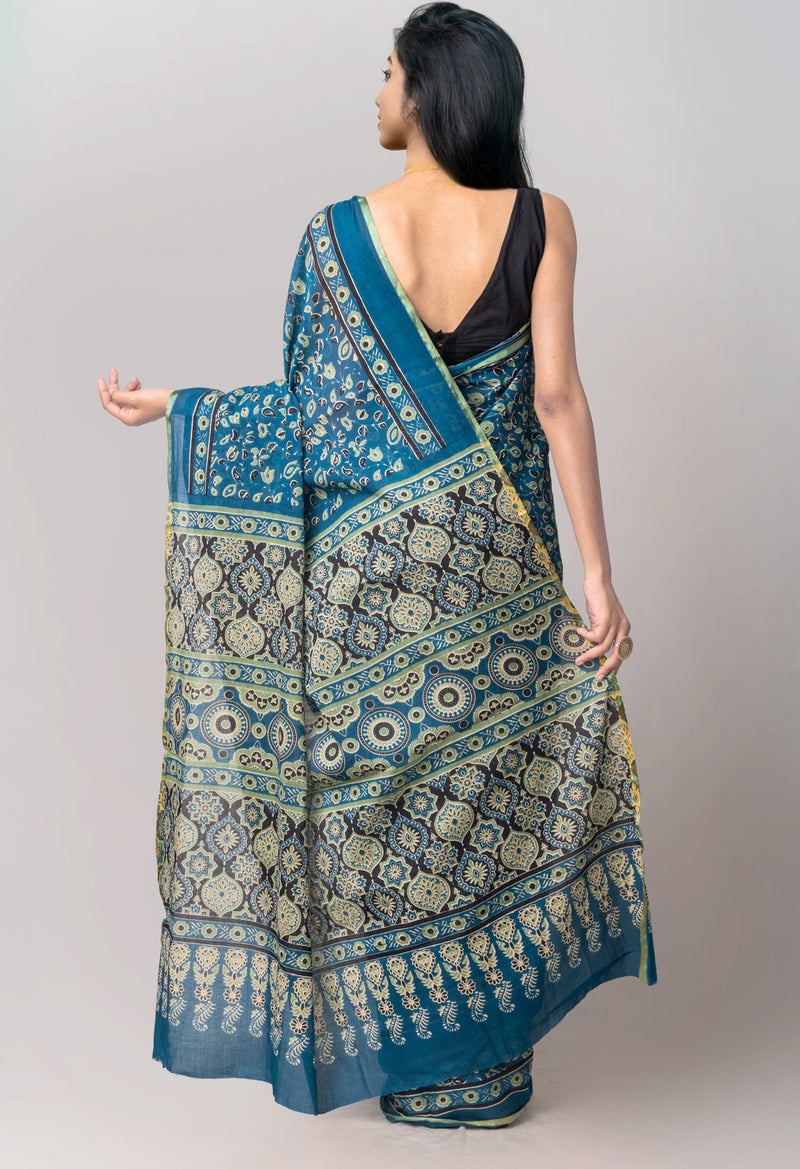 Online Shopping for Blue Pure Mulmul Soft Cotton Saree with Ajrakh from Rajasthan at Unnatisilks.com India
