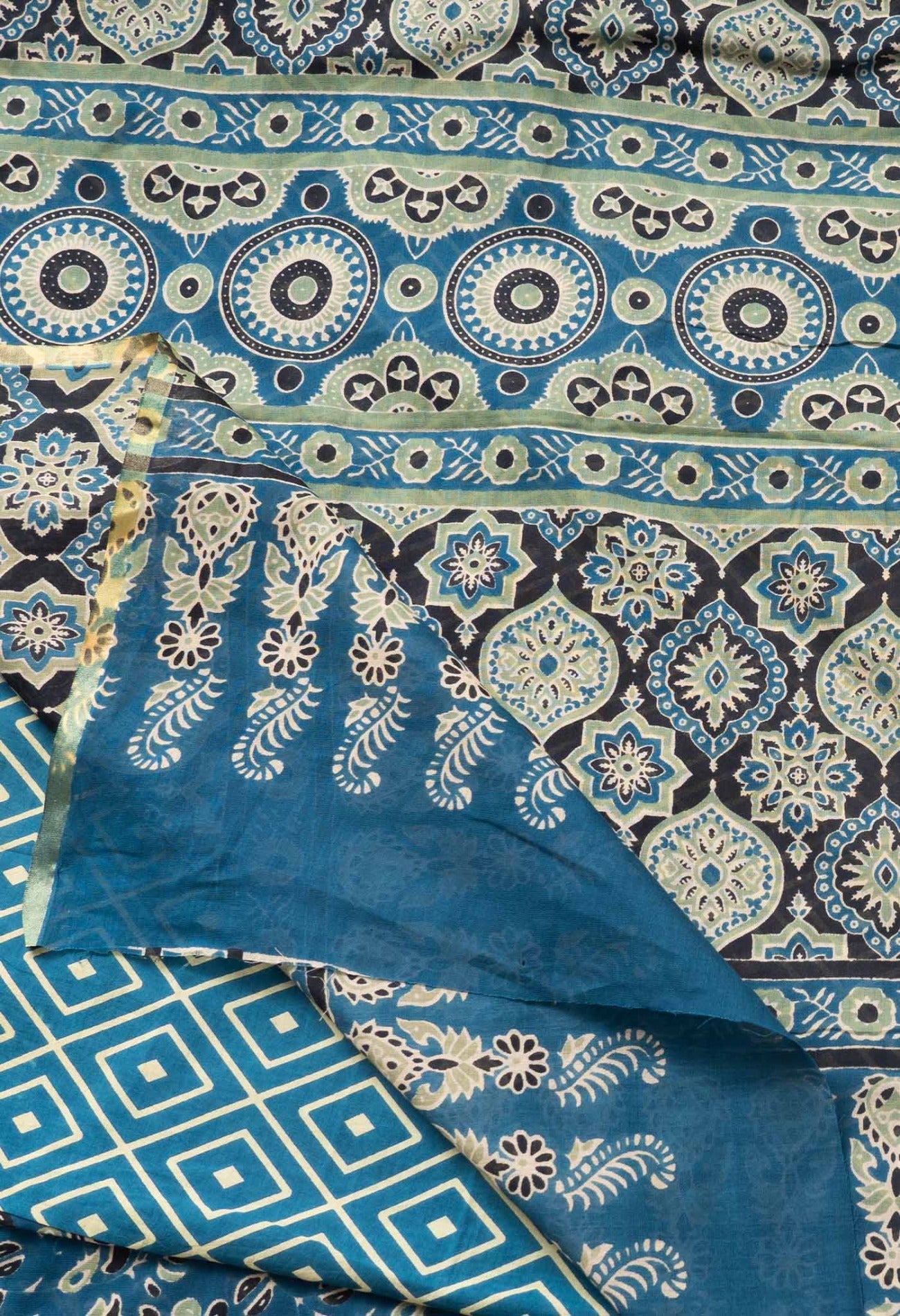 Online Shopping for Blue Pure Mulmul Soft Cotton Saree with Ajrakh from Rajasthan at Unnatisilks.com India

