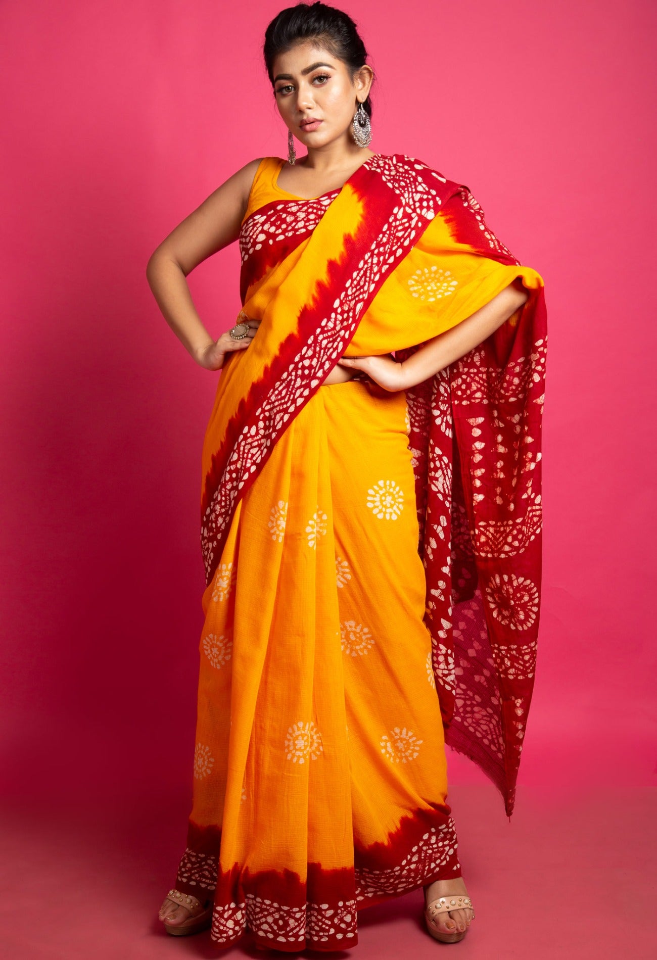 Online Shopping for Orange Pure Batik Kota Cotton Saree with Batik from Rajasthan at Unnatisilks.com India