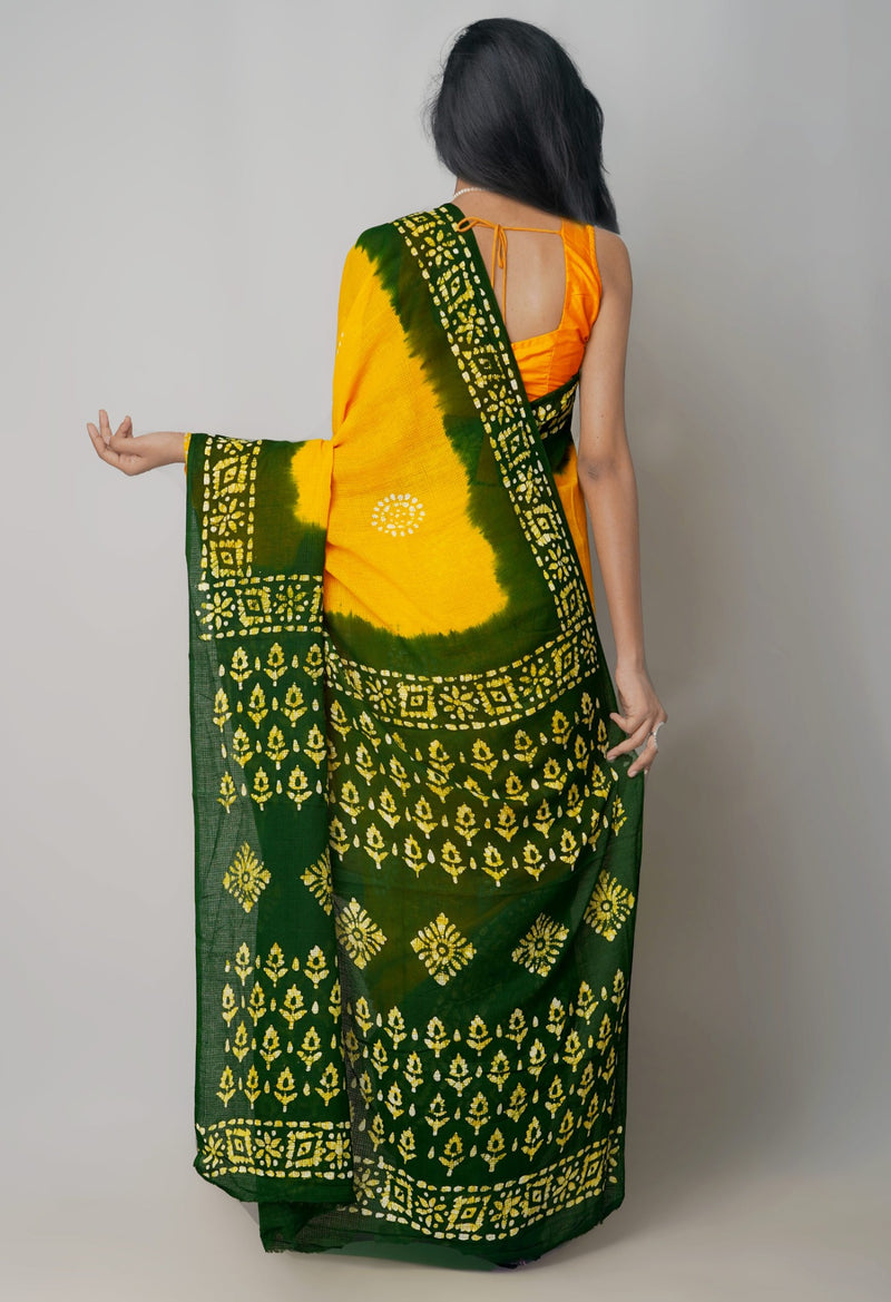 Online Shopping for Yellow Pure Batik Kota Cotton Saree with Batik from Rajasthan at Unnatisilks.com India
